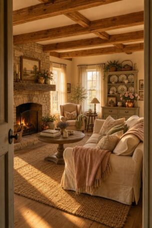 Wide view of a cozy cottage farmhouse living room at golden hour with linen sofa, stone fireplace, pine ceiling beams, and layered textiles