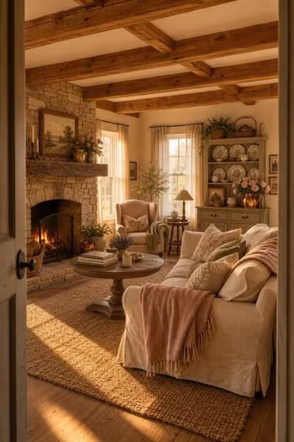 12 Cozy Cottage Farmhouse Living Room Ideas Worth Saving Wide view of a cozy cottage farmhouse living room at golden hour with linen sofa, stone fireplace, pine ceiling beams, and layered textiles