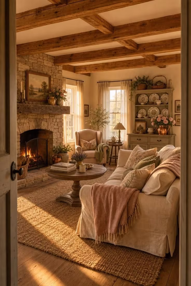 Simple Spaces 14 Wide view of a cozy cottage farmhouse living room at golden hour with linen sofa, stone fireplace, pine ceiling beams, and layered textiles