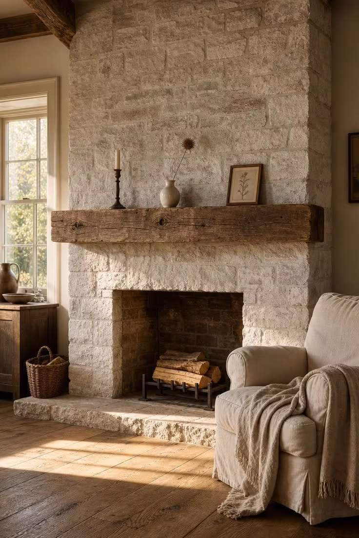 11 Cottage Fireplace Ideas That Feel Warm and Lived-In 1 Lime-washed stone cottage fireplace with reclaimed elm mantel beam and collected objects in warm golden light