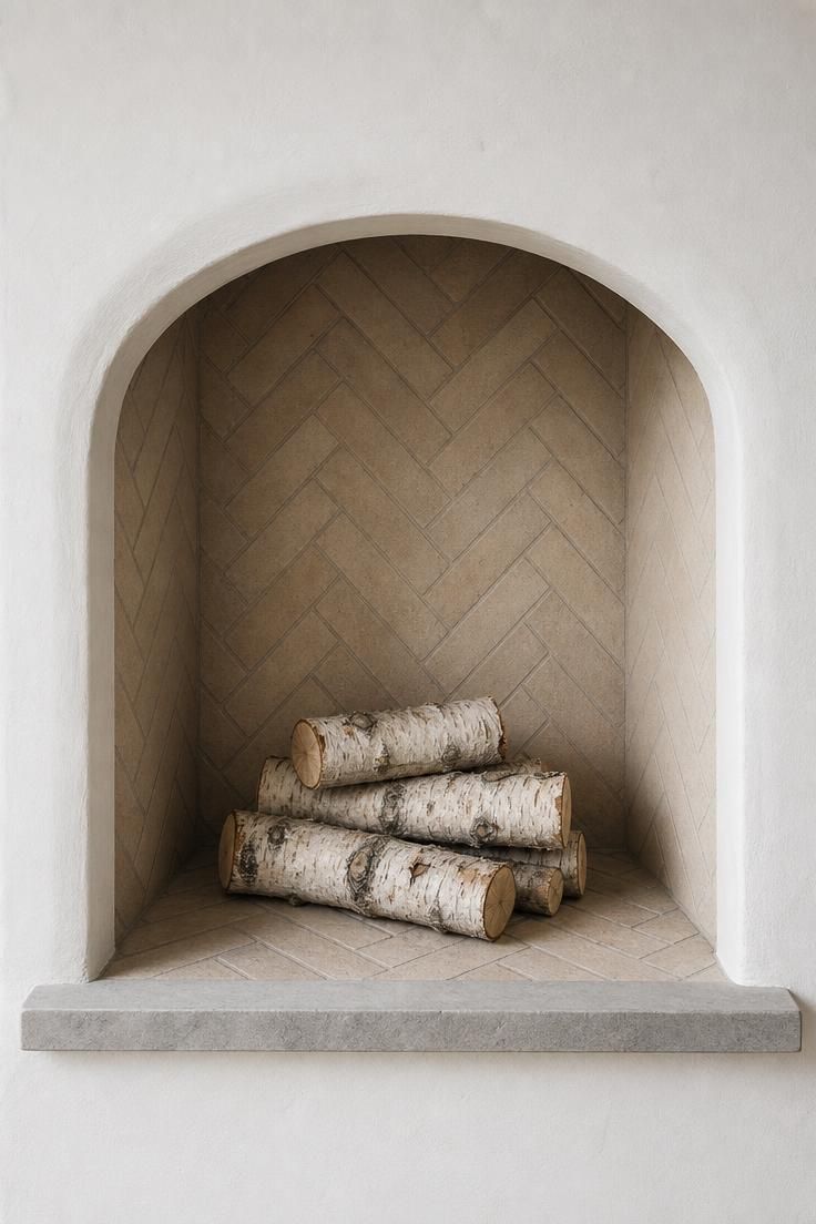 11 Cottage Fireplace Ideas That Feel Warm and Lived-In 2 Arched whitewashed cottage fireplace opening with herringbone firebrick pattern in cool overcast light