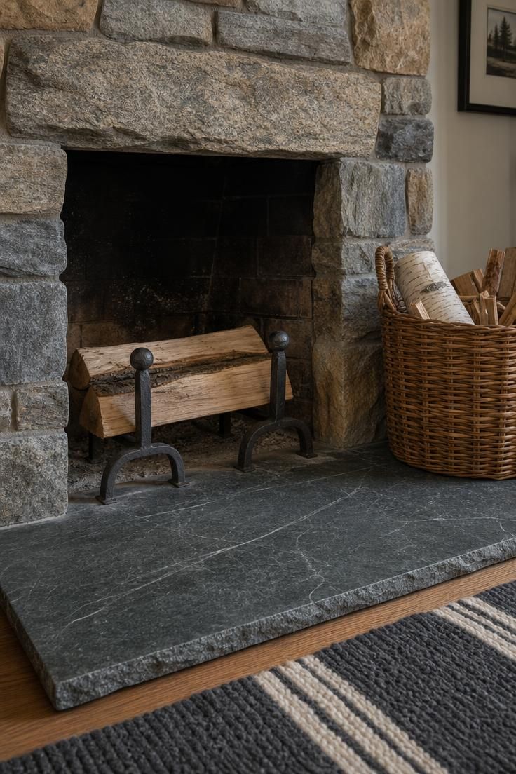 11 Cottage Fireplace Ideas That Feel Warm and Lived-In 3 Soapstone hearth slab with iron andirons and woven rattan firewood basket in soft diffused light