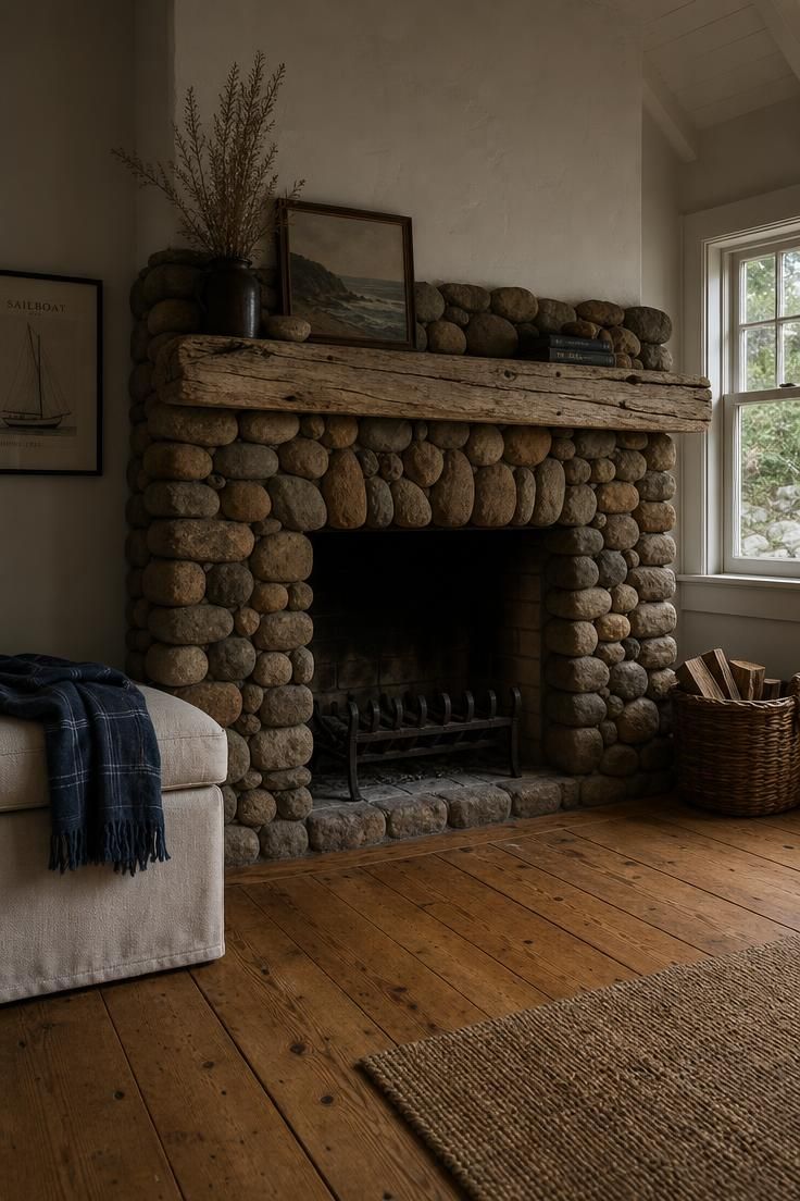 11 Cottage Fireplace Ideas That Feel Warm and Lived-In 5 Driftwood mantel shelf over stacked river rock cottage fireplace surround in moody low light