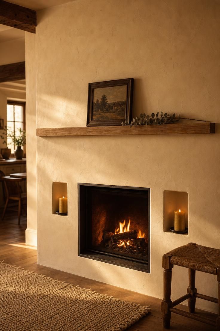 11 Cottage Fireplace Ideas That Feel Warm and Lived-In 6 Plaster-finished chimney breast with recessed candle alcoves in warm golden light