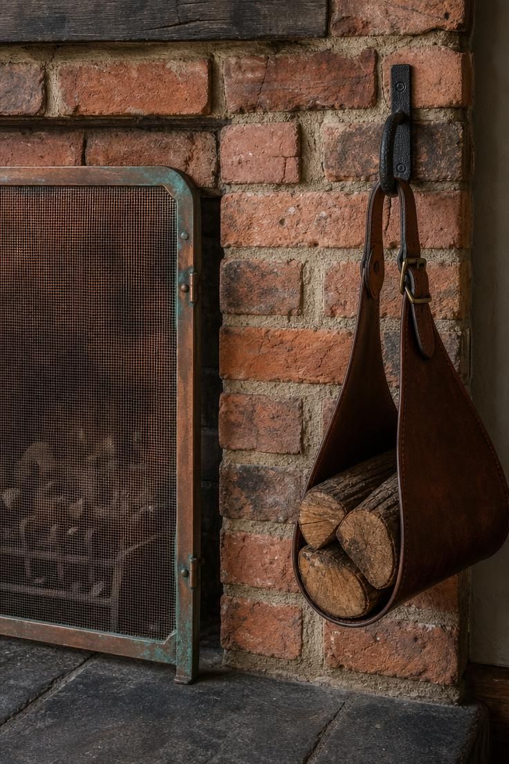 11 Cottage Fireplace Ideas That Feel Warm and Lived-In 7 Reclaimed brick cottage fireplace with copper spark screen and leather log tote in cool overcast light