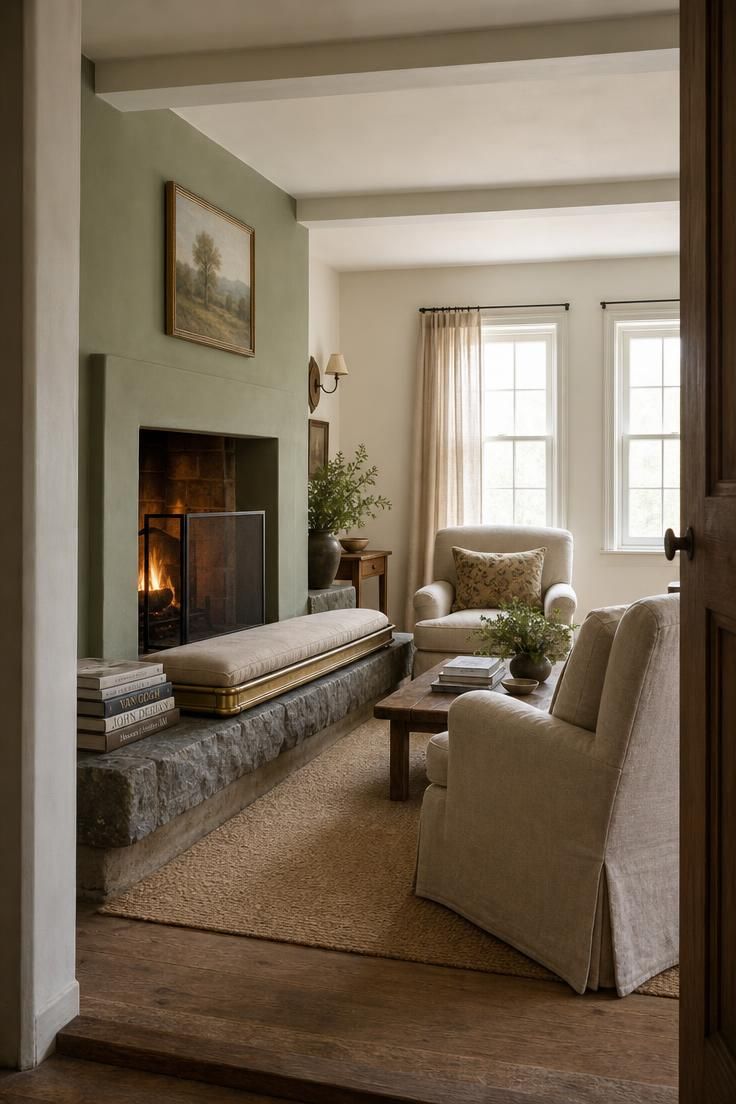 11 Cottage Fireplace Ideas That Feel Warm and Lived-In 8 Rough-cut slate hearth ledge with brass fender seat and linen cushion in soft diffused cottage living room light