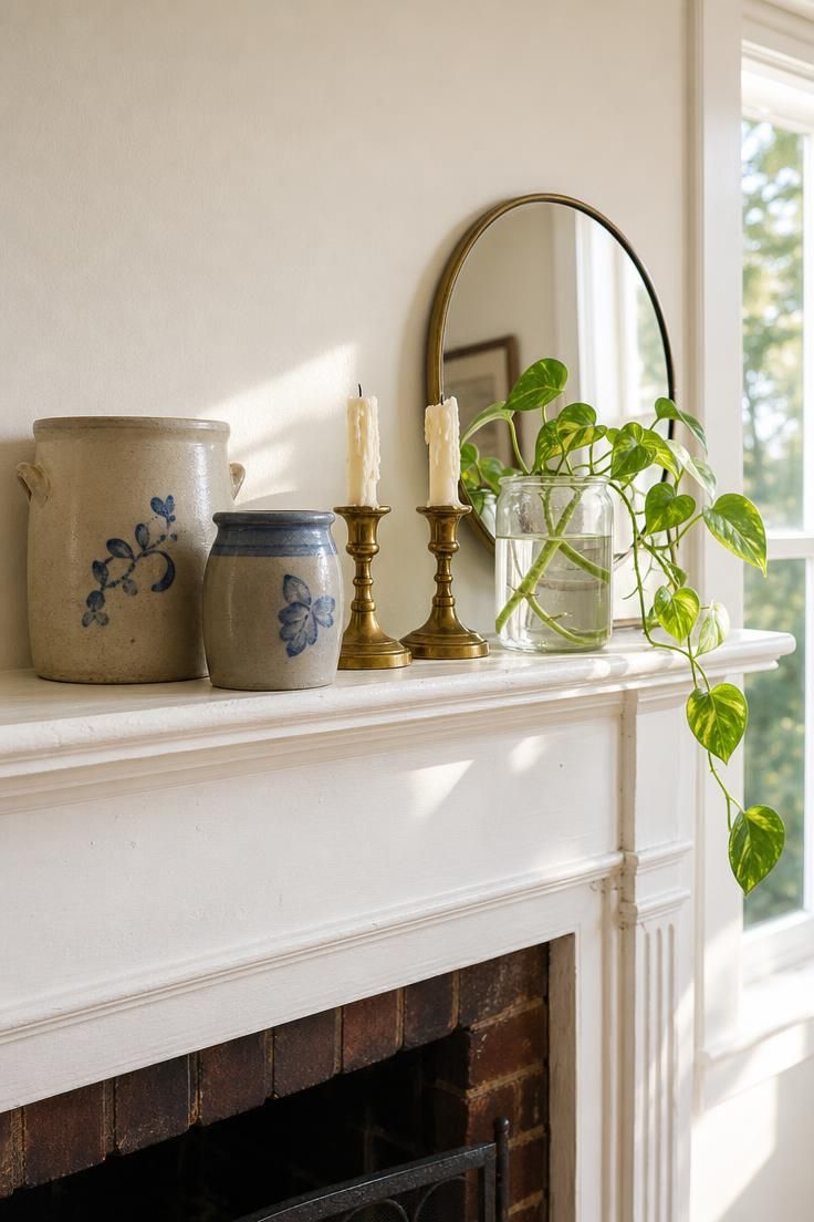 11 Cottage Fireplace Ideas That Feel Warm and Lived-In 9 White-painted cottage fireplace mantel with collected stoneware crocks, brass candlesticks, and trailing pothos in bright midday light