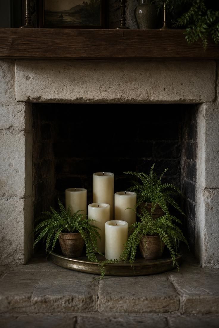 11 Cottage Fireplace Ideas That Feel Warm and Lived-In 10 Open cottage firebox styled with ivory pillar candles on brass tray and potted ferns in moody low summer light