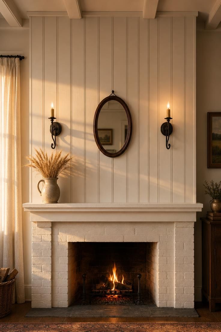 11 Cottage Fireplace Ideas That Feel Warm and Lived-In 11 Tongue-and-groove overmantel panel with wrought-iron wall sconces and oval mirror in warm golden cottage light