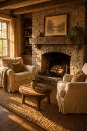 Cozy cottage living room with stone fireplace, reclaimed wood mantel, and cream slipcovered armchairs in warm golden afternoon light