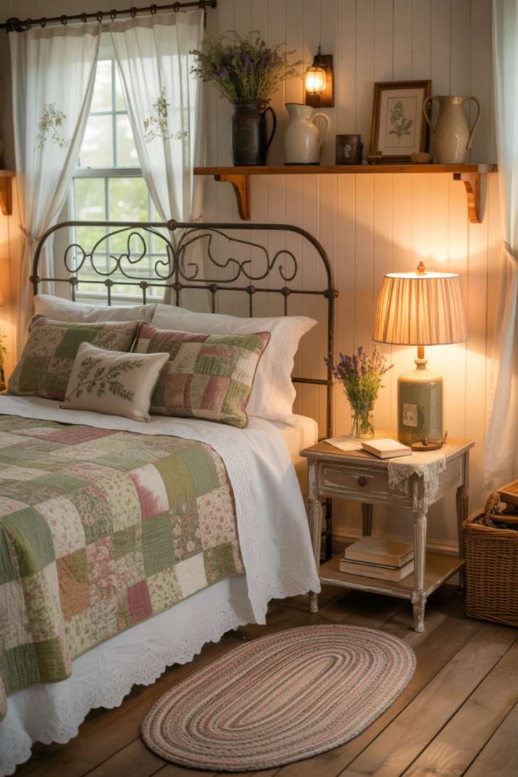 A wrought iron bed with a hand-stitched sage and dusty rose quilt in a white shiplap guest bedroom