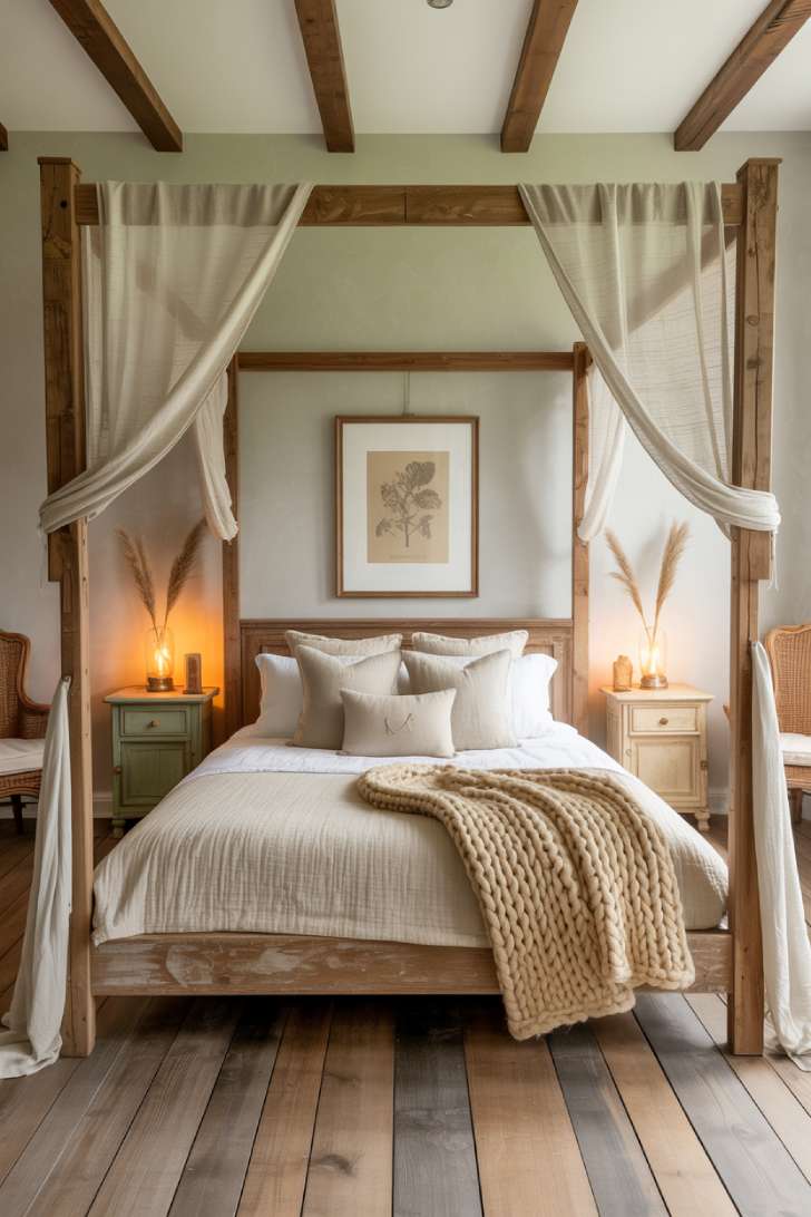 A reclaimed wood canopy bed with sheer ivory linen panels and mismatched vintage nightstands