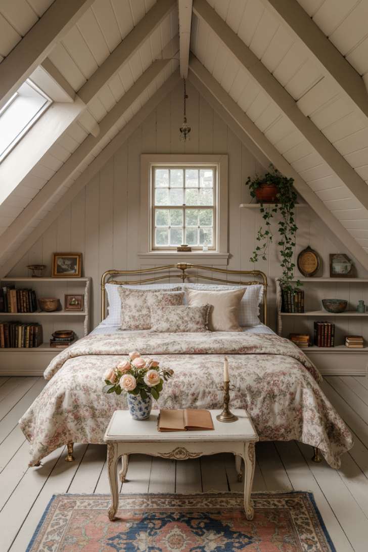A vintage brass bed with chintz floral bedding under white-painted A-frame rafters and a dormer window