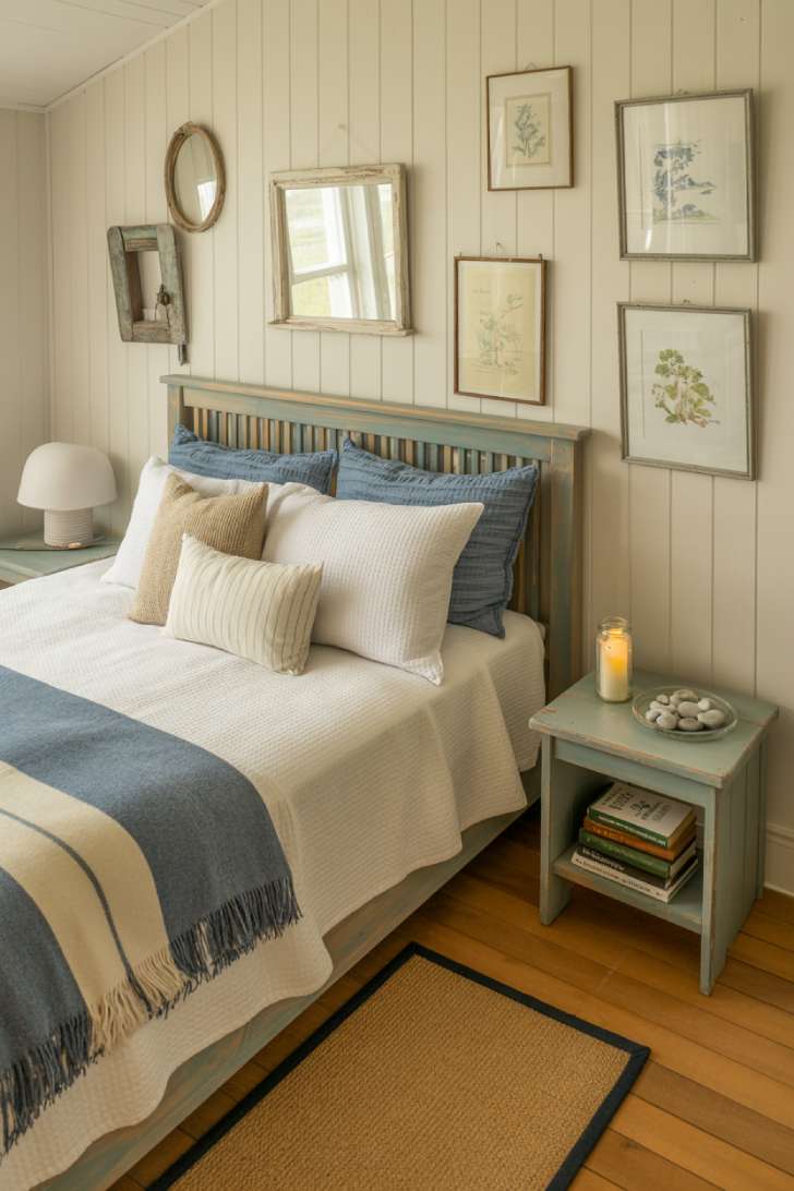 A weathered coastal-blue pine bed with white waffle-weave bedding and sisal rug in a wood-paneled guest room