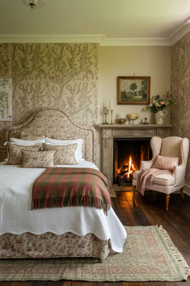 A floral linen upholstered bed with trailing botanical wallpaper, Persian rug, and stone fireplace in a rich English country guest room
