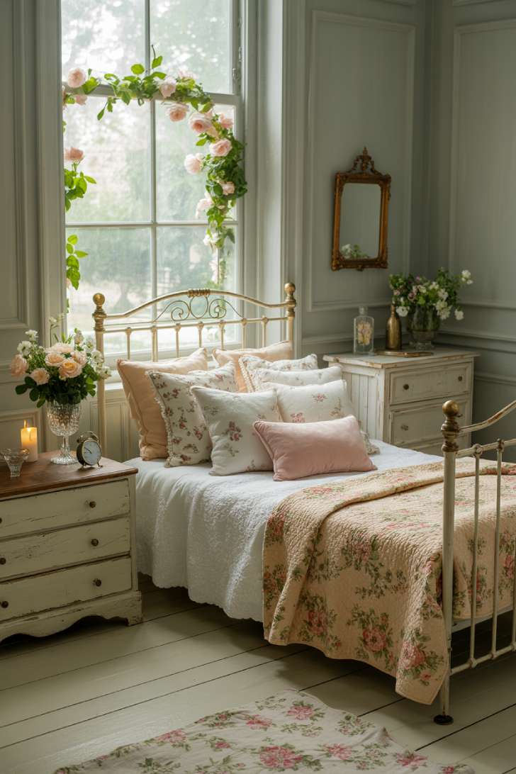 An antique French iron daybed with abundant floral and eyelet pillows beside a window with climbing roses outside