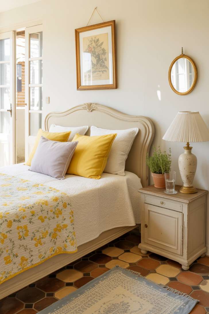 A carved Louis-style bed in antique white with yellow Provençal quilt and open French doors in a terracotta-tiled room
