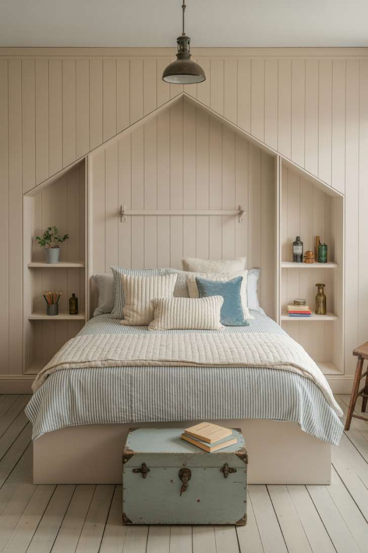 A built-in white paneled alcove bed with ticking stripe and cream bedding, vintage trunk at the foot, and schoolhouse pendant light