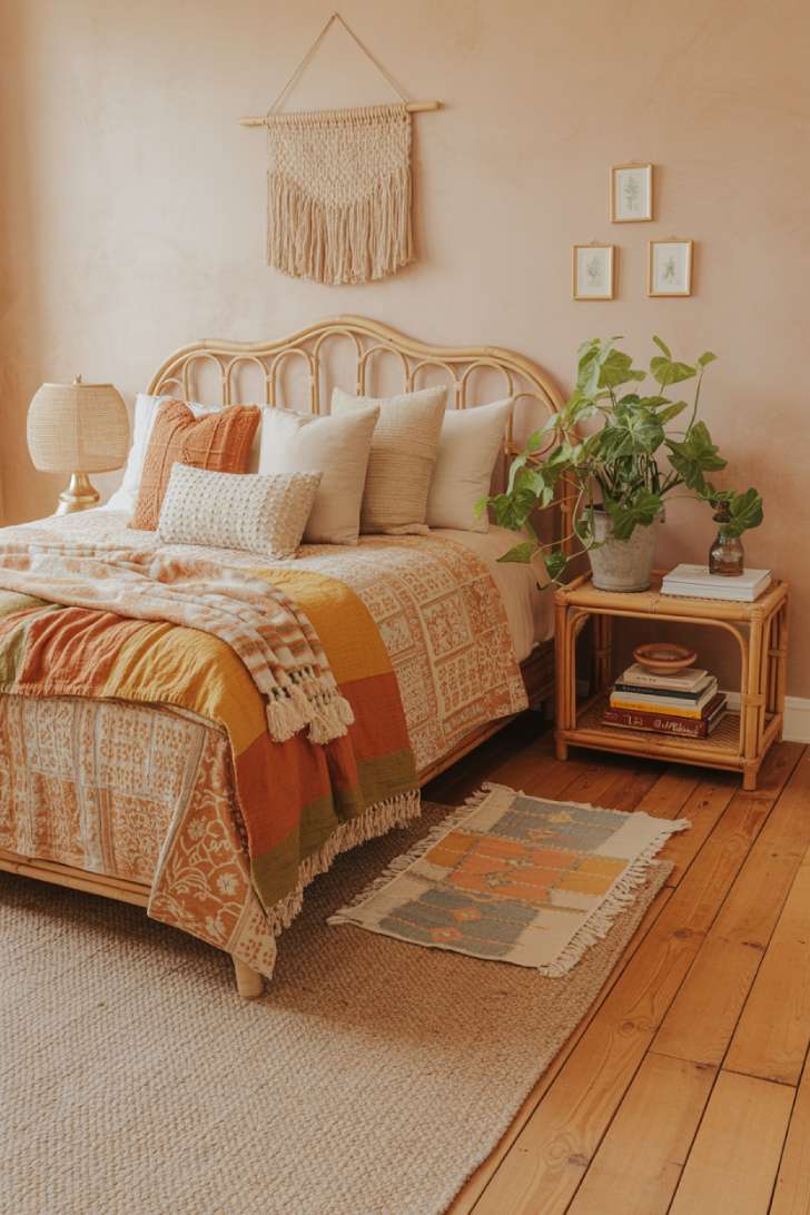 A rattan and bamboo curved headboard bed with hand-block-printed terracotta duvet and layered kilim rugs in a limewash walled room
