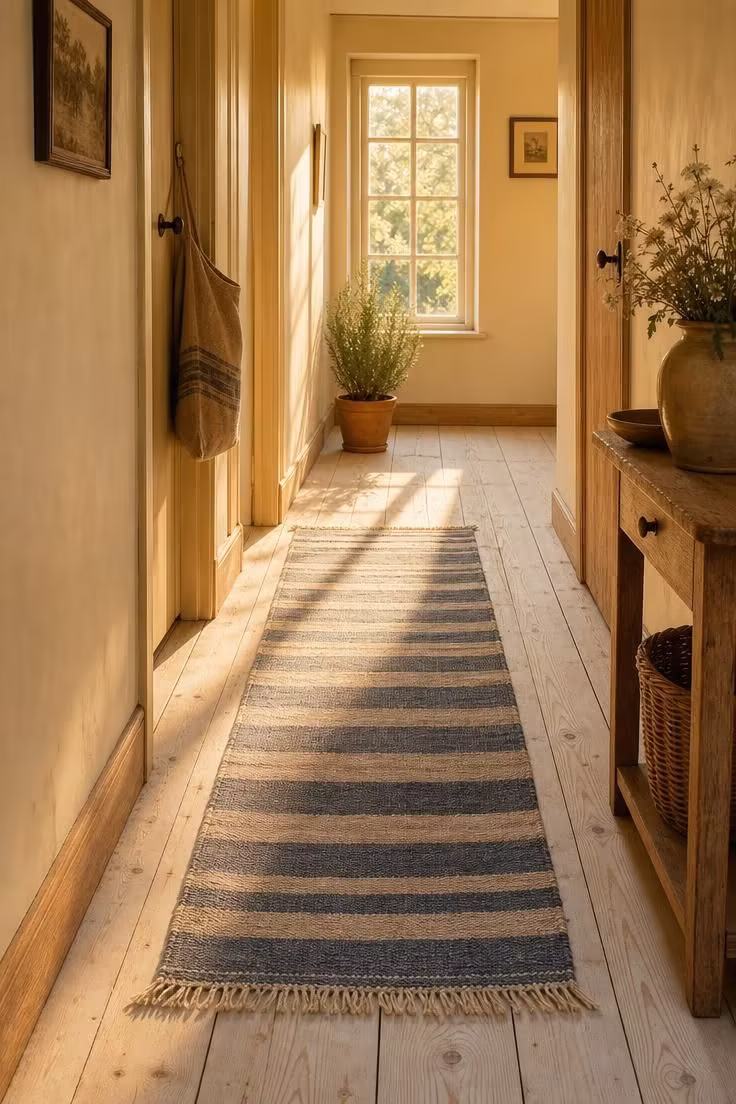 Whitewashed pine plank floor in a narrow cottage hallway with a striped linen runner in indigo and oatmeal tones under warm golden light