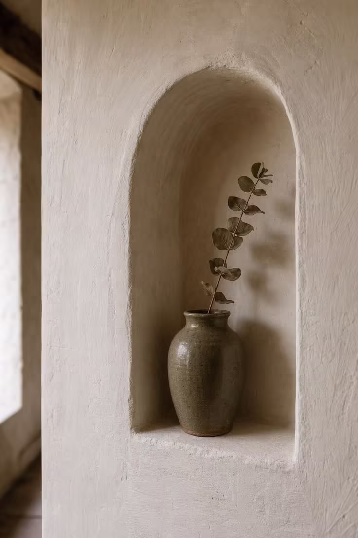 Close-up of a recessed plaster niche in a cottage hallway wall holding a single olive stoneware vase with dried eucalyptus
