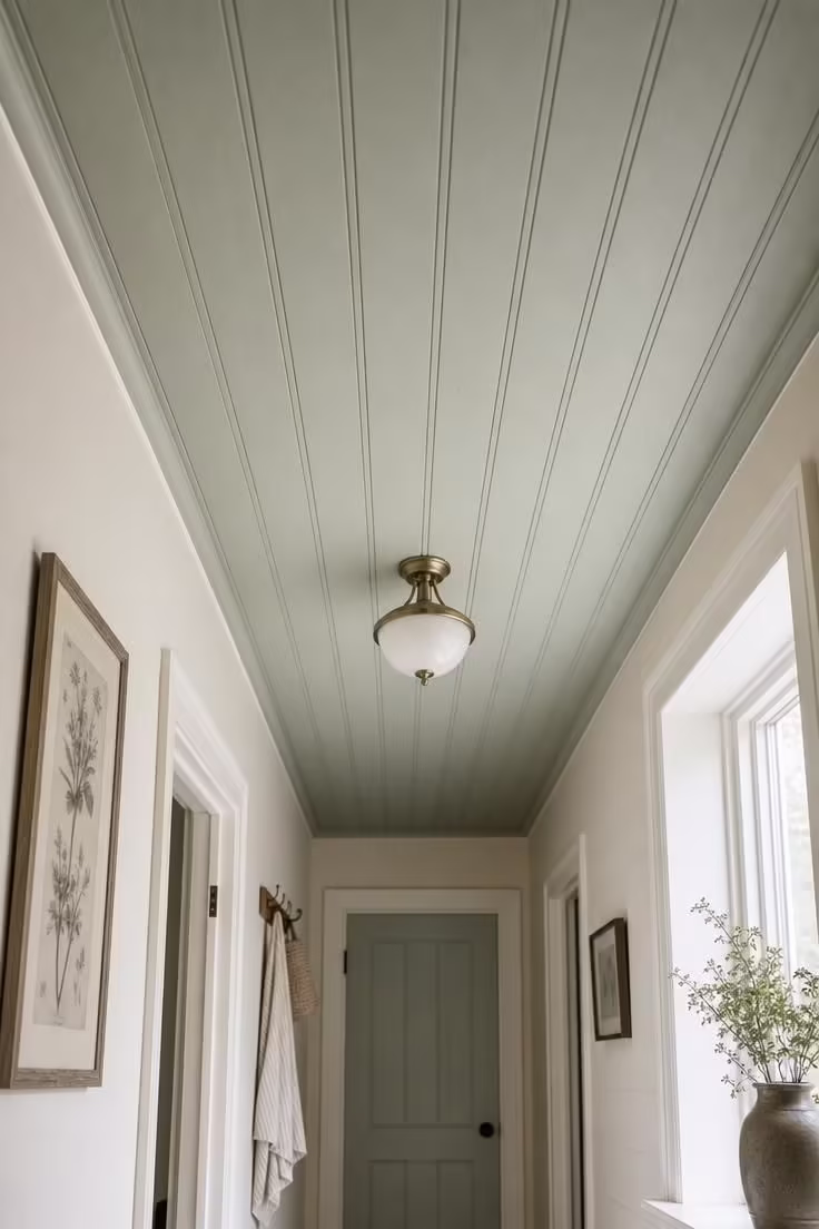 Wide-angle view looking up at a tongue-and-groove ceiling painted pale sage in a narrow cottage hallway with cool overcast daylight
