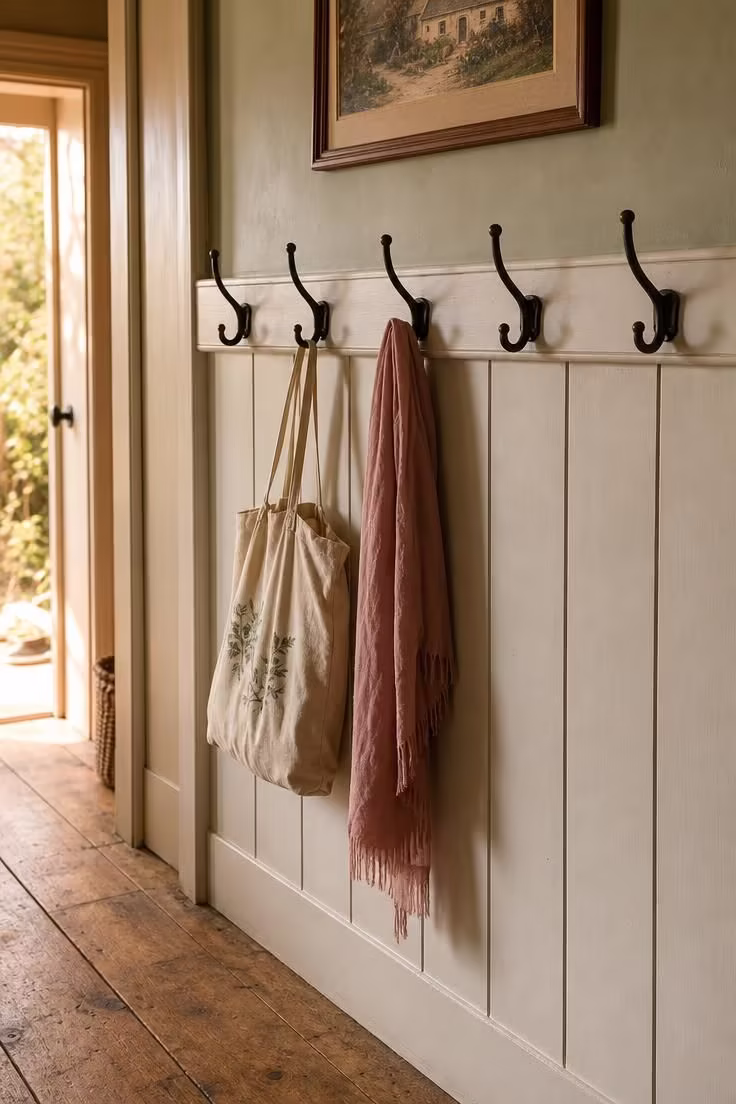 Wrought-iron coat hooks on a board-and-batten rail in a cottage hallway with a canvas bag and linen scarf under warm golden light
