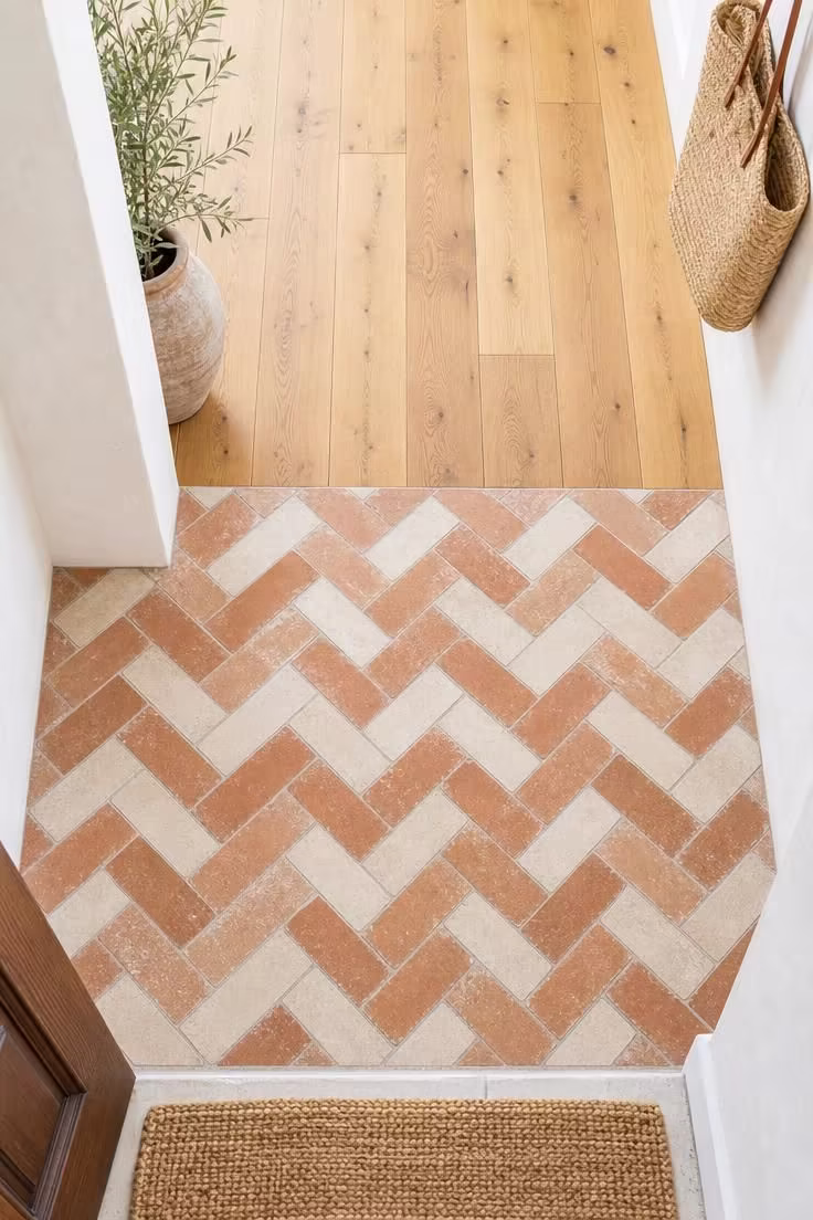 Overhead view of encaustic cement tiles in a herringbone pattern at the entry of a cottage hallway with bright midday light