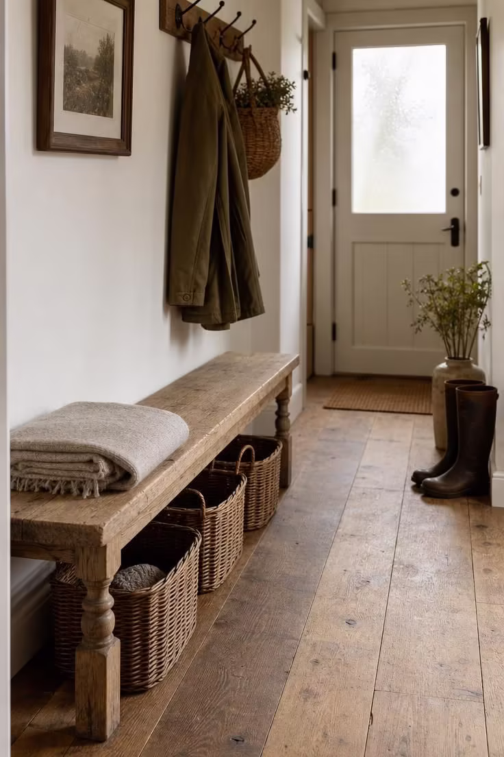 Slim weathered elm bench with wicker baskets beneath it in a narrow cottage hallway with soft diffused daylight