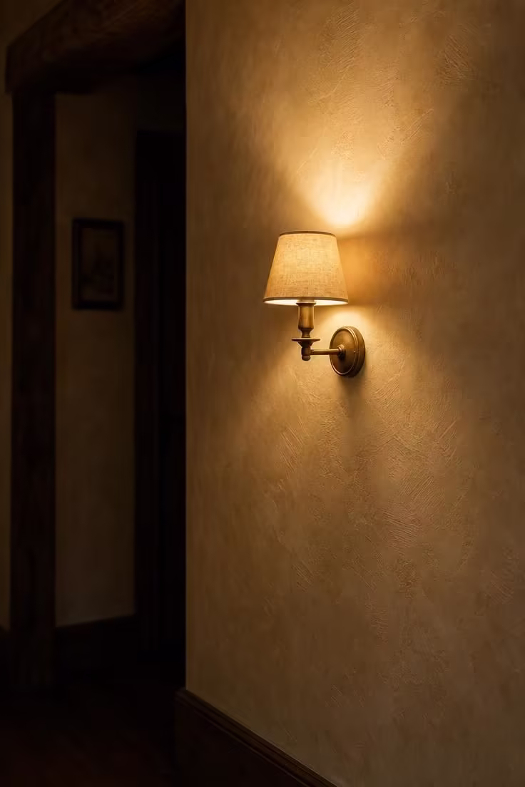 Close-up of limewash walls in warm cream with a single brass sconce casting moody low light in a cottage hallway
