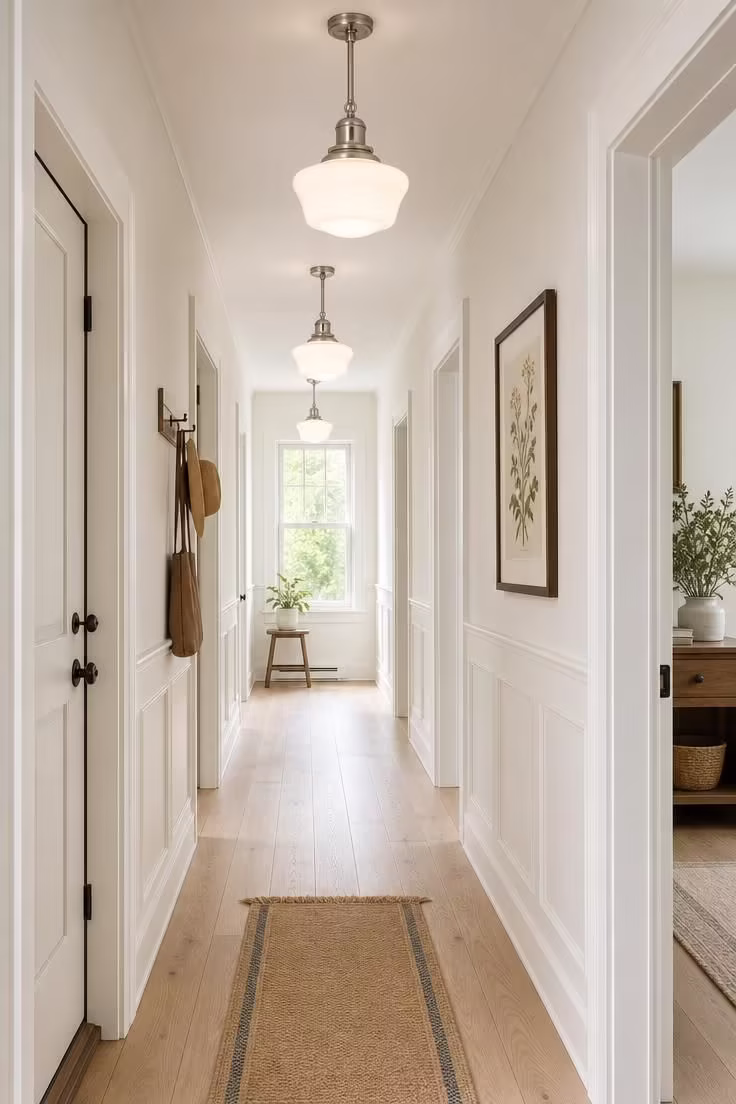 Wide shot of a narrow cottage hallway with three schoolhouse pendant lights in a row under bright midday light