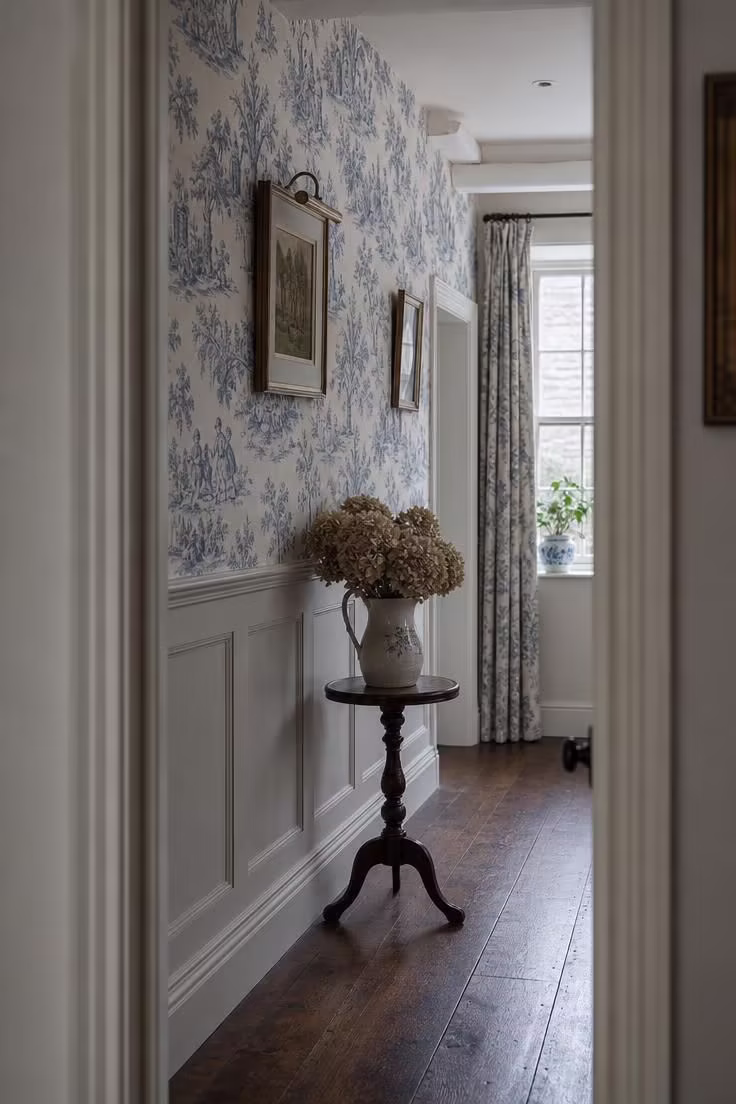 Doorway view of a cottage hallway with toile wallpaper above the chair rail and painted wainscoting below in cool overcast light