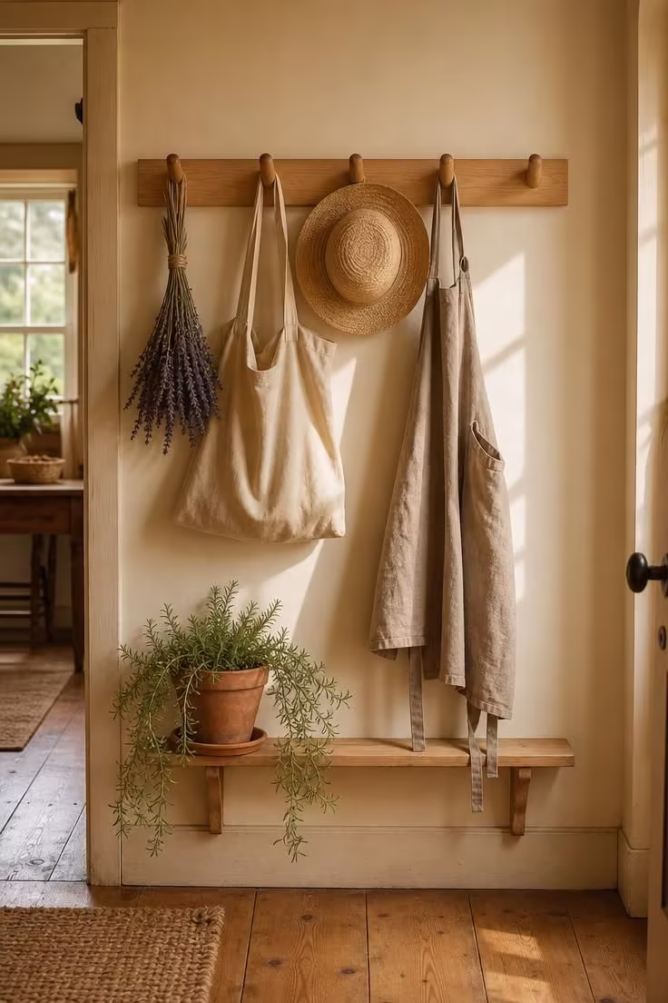 Shaker peg rail in a cottage hallway with dried lavender, canvas tote, straw hat, and linen apron under warm golden light