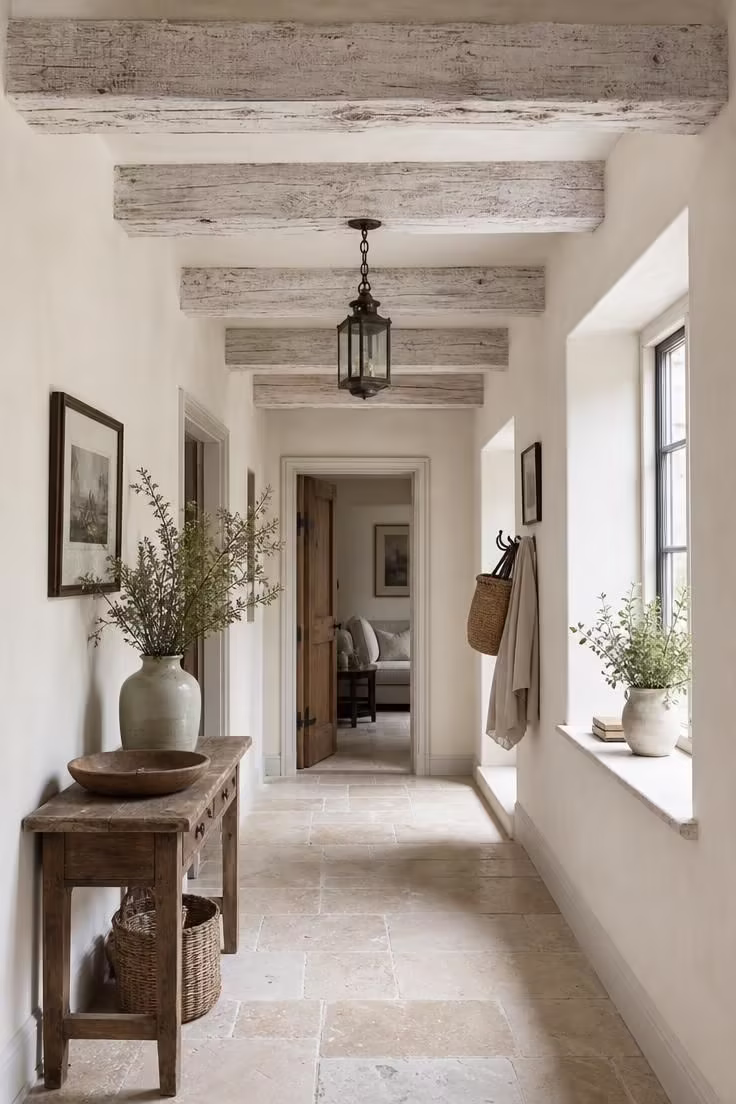 Wide shot of exposed whitewashed oak ceiling beams in a cottage hallway with soft diffused light and pale limestone floor