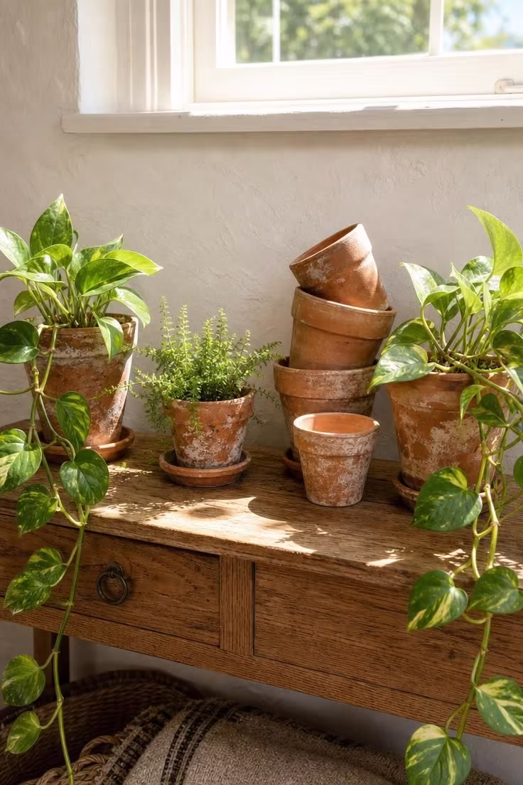 Close-up of terracotta pot cluster with trailing pothos and fern on a narrow oak console table in a cottage hallway under bright midday light