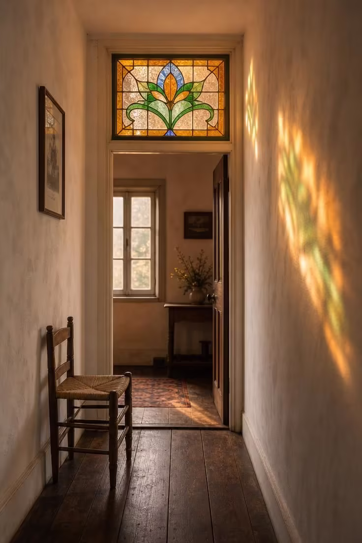 Stained glass transom window casting colored light on plaster walls in a cottage hallway with a moody low-light atmosphere