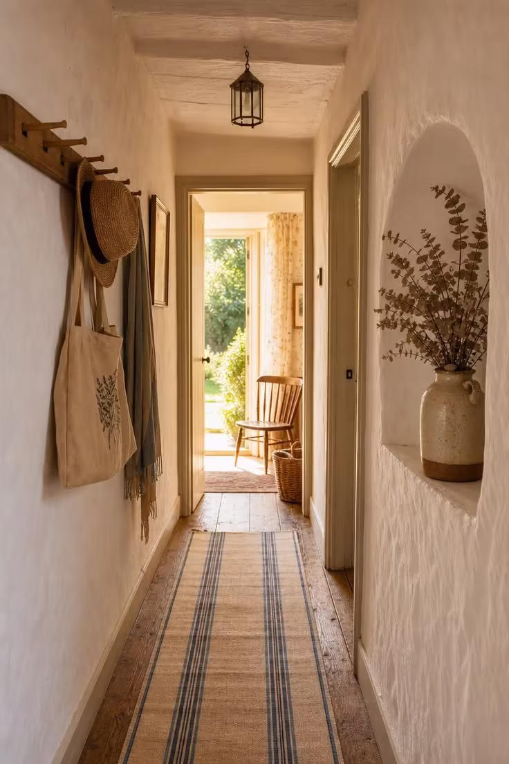 A warm cottage hallway with whitewashed walls, a striped linen runner, a Shaker peg rail, and an arched niche with a stoneware vase under golden afternoon light
