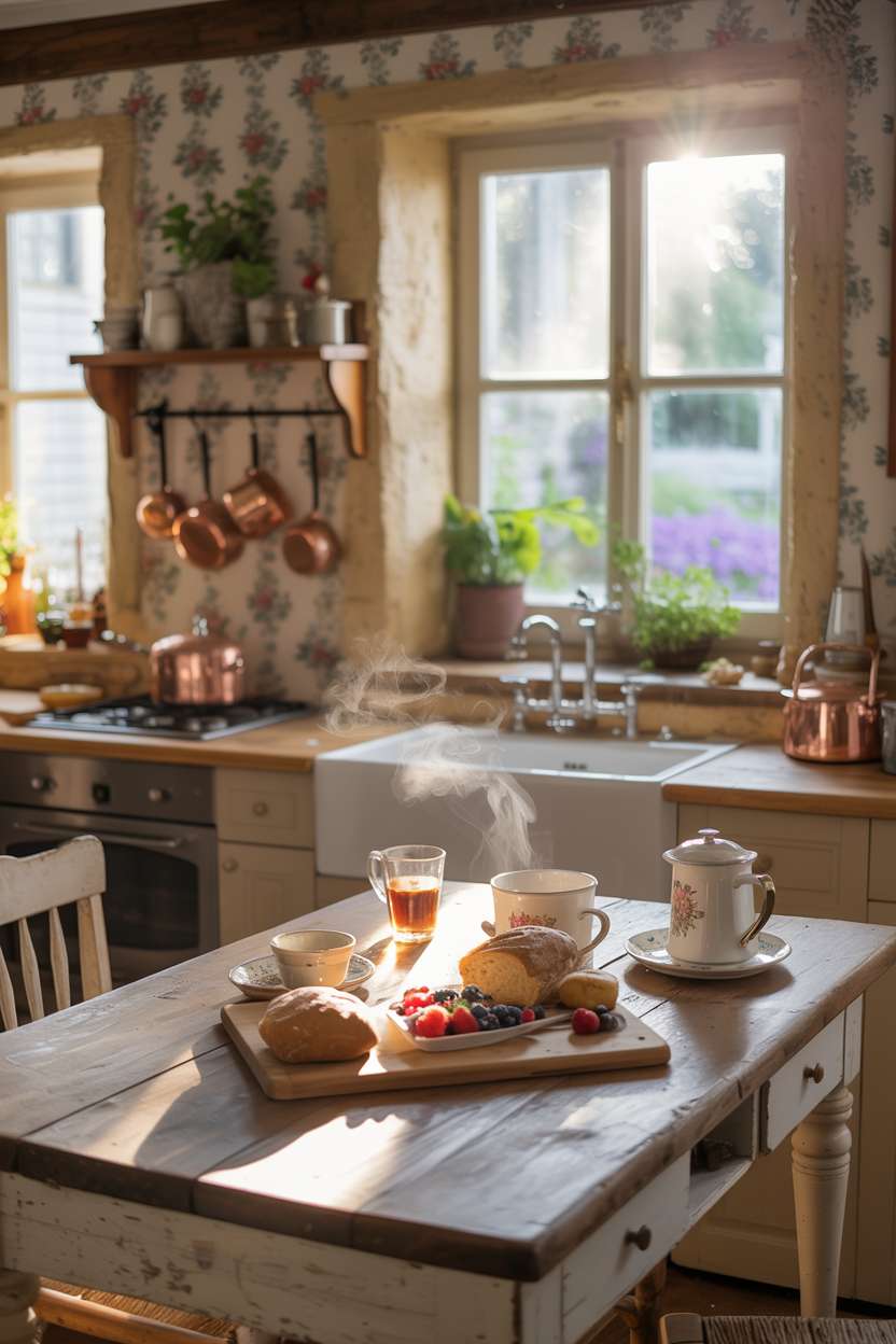 23 Cozy Cottage Kitchen Ideas for a Charming Rustic Look 1 Rustic cottage kitchen with stone walls, wooden table with breakfast setup, and bright sunlight streaming through windows