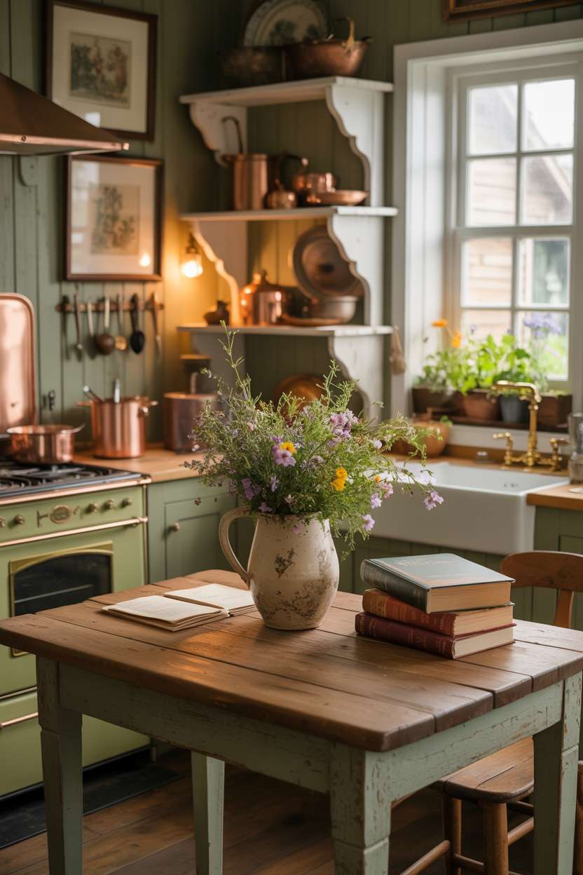23 Cozy Cottage Kitchen Ideas for a Charming Rustic Look 3 Cozy cottage kitchen with wooden table, wildflower arrangement, and vintage stove with soft lighting