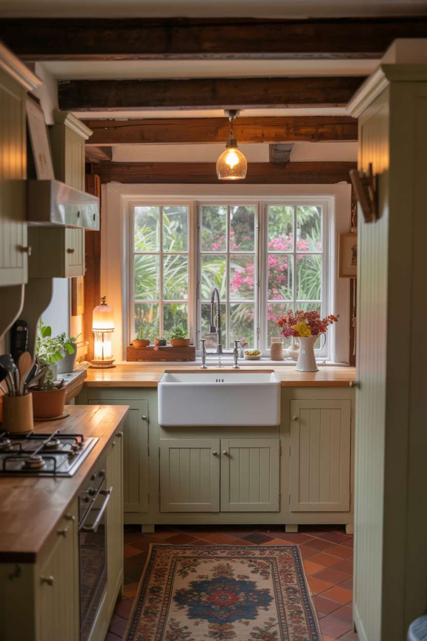 23 Cozy Cottage Kitchen Ideas for a Charming Rustic Look 4 Cottage kitchen blending rustic and modern elements with farmhouse sink and pendant lighting