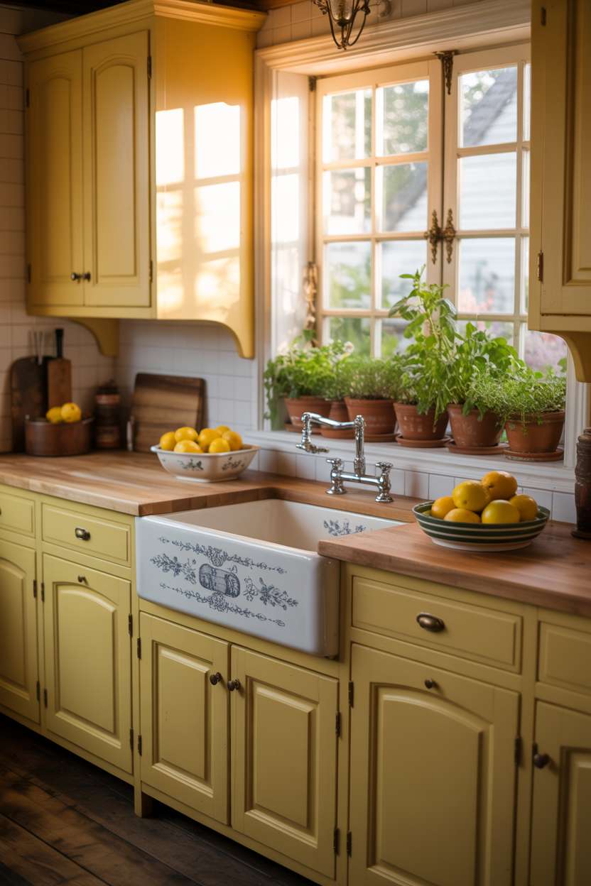 23 Cozy Cottage Kitchen Ideas for a Charming Rustic Look 5 Cottage kitchen with pale yellow painted cabinets, farmhouse sink, and herb garden view