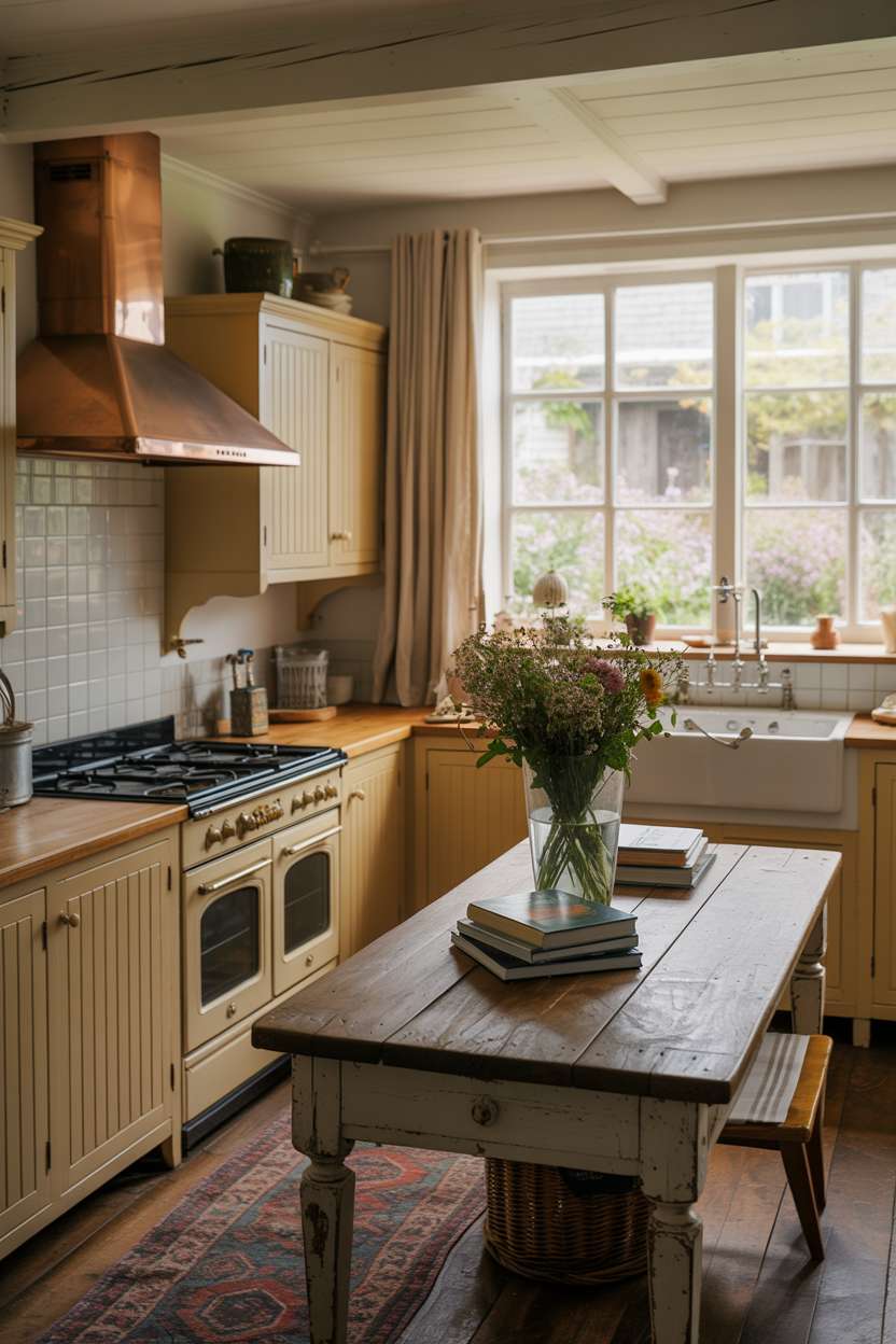 23 Cozy Cottage Kitchen Ideas for a Charming Rustic Look 6 Cottage kitchen with cream wooden cabinetry, farmhouse sink, vintage range, and morning light