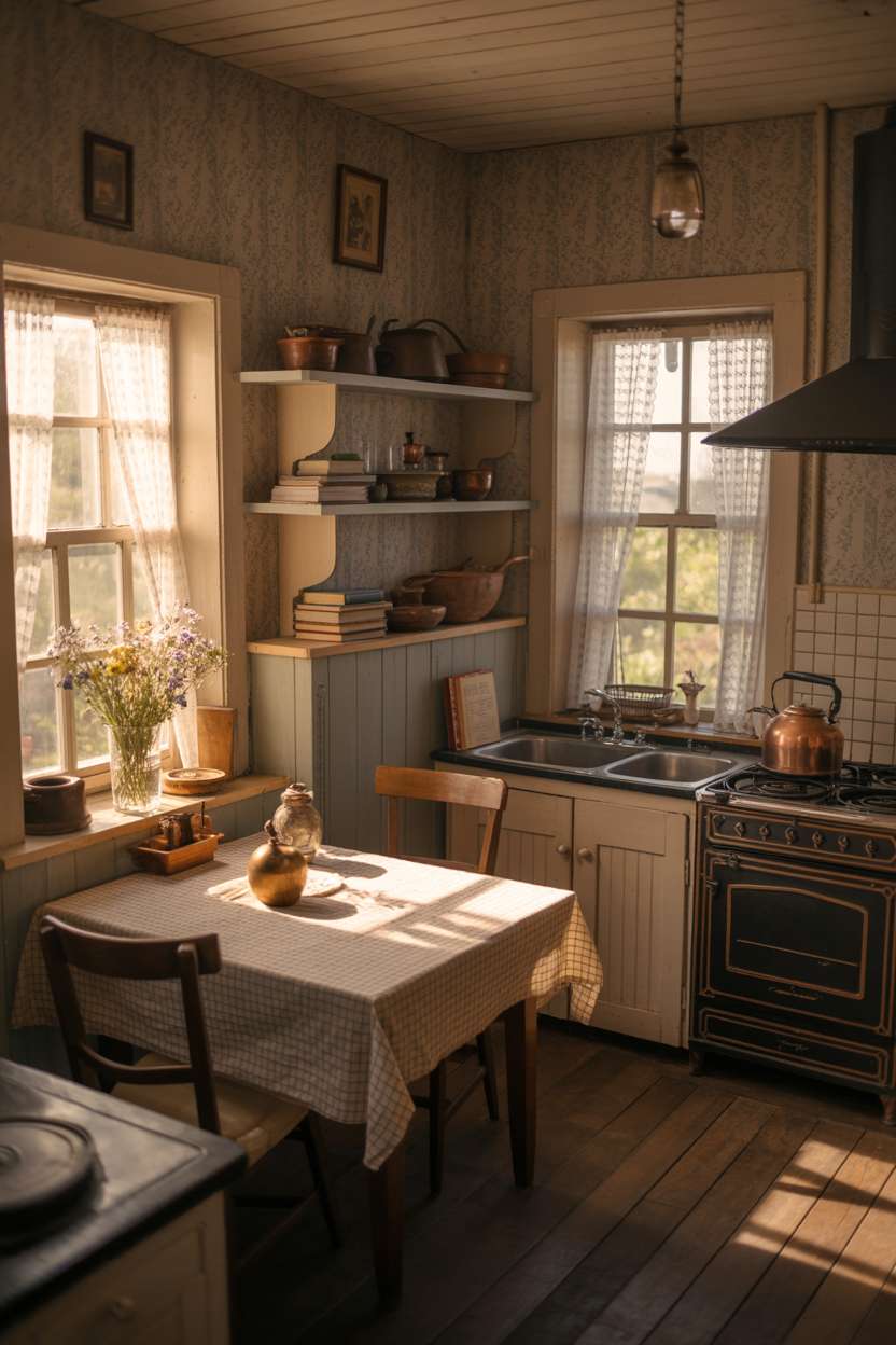 23 Cozy Cottage Kitchen Ideas for a Charming Rustic Look 7 Two-story cottage kitchen with checkered tablecloth, copper kettle, and lace-curtained windows