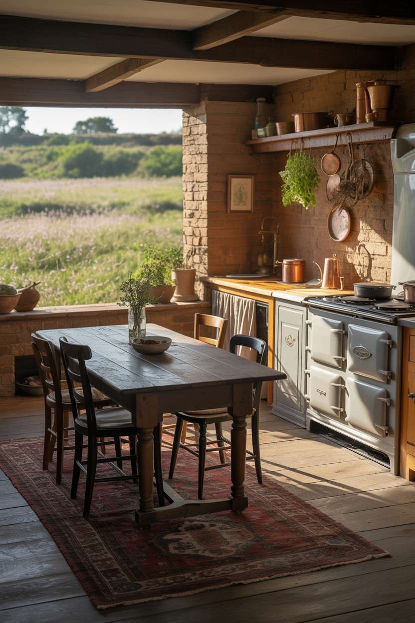 23 Cozy Cottage Kitchen Ideas for a Charming Rustic Look 8 Stone cottage kitchen with antique wooden table, vintage Aga stove, and wildflower meadow view