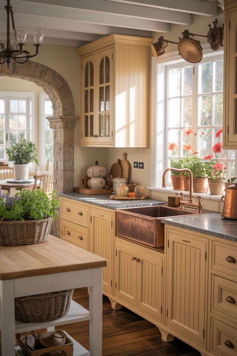 23 Cozy Cottage Kitchen Ideas for a Charming Rustic Look 9 Cottage kitchen with cream cabinetry, granite-topped island, copper sink, and garden views