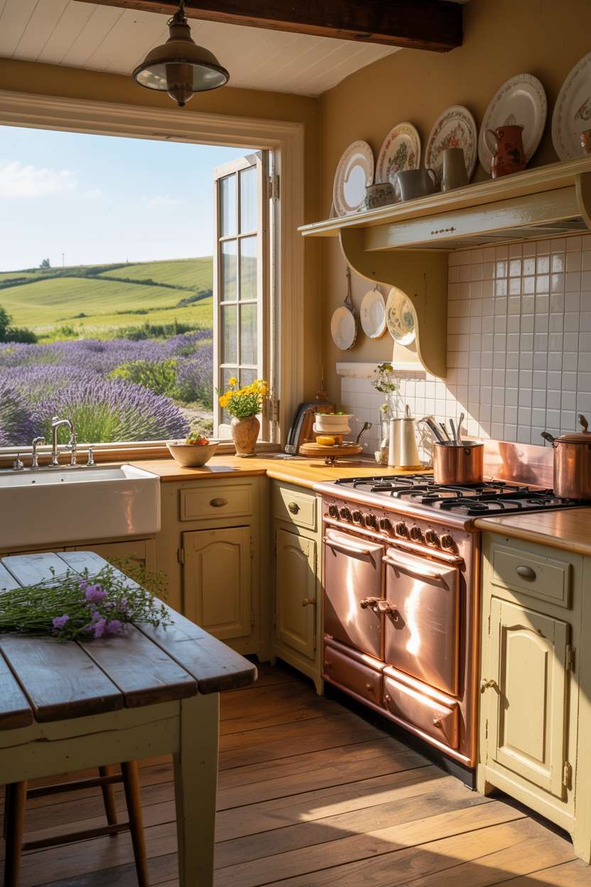 23 Cozy Cottage Kitchen Ideas for a Charming Rustic Look 10 Cottage kitchen with cream cabinets, copper range, and lavender field views through large windows