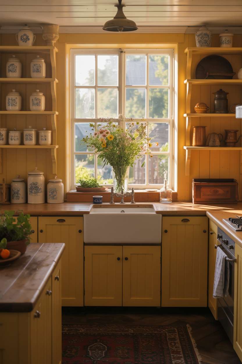 23 Cozy Cottage Kitchen Ideas for a Charming Rustic Look 11 Cottage kitchen with pale yellow walls, dark wood cabinets, and wildflower arrangement