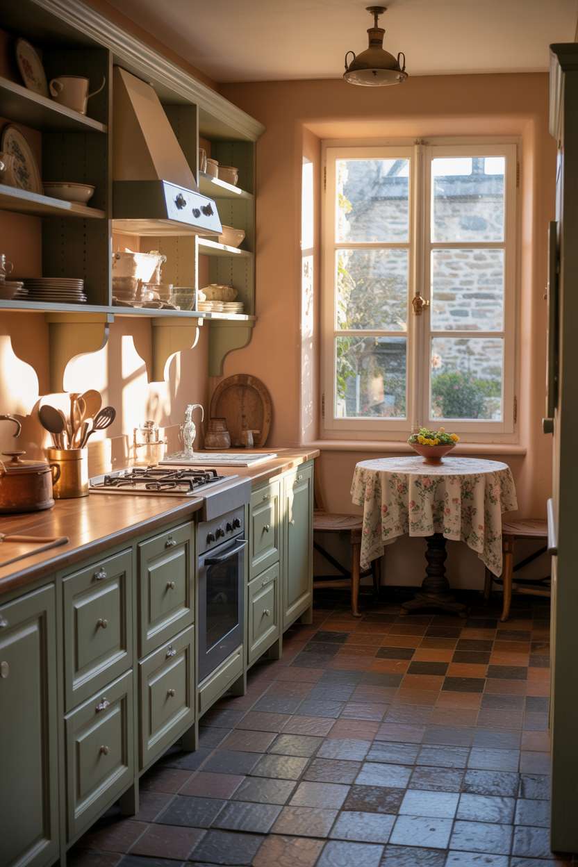 23 Cozy Cottage Kitchen Ideas for a Charming Rustic Look 12 French cottage kitchen with sage green cabinets, vintage ceramic dishes, and stone garden view