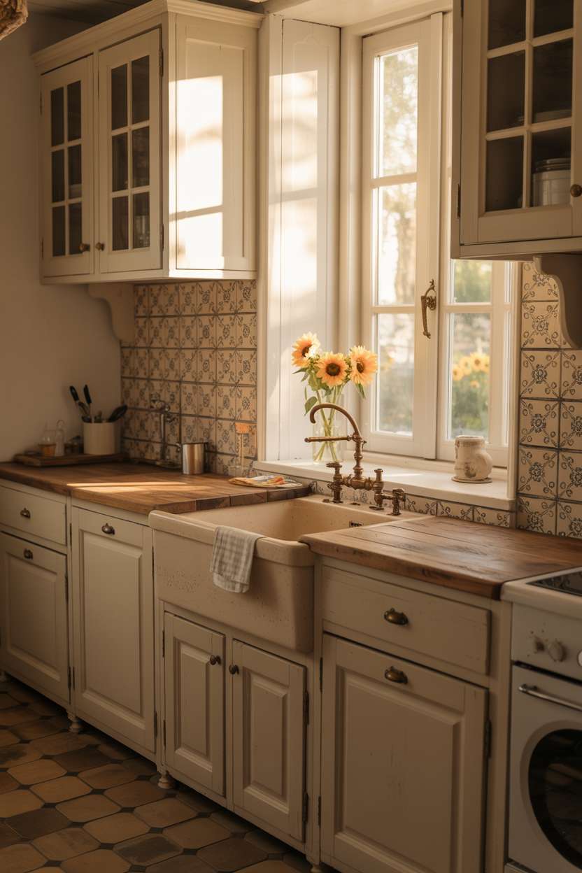 23 Cozy Cottage Kitchen Ideas for a Charming Rustic Look 13 French cottage kitchen with white cabinets, blue and cream ceramic tile backsplash, and sunflower arrangement