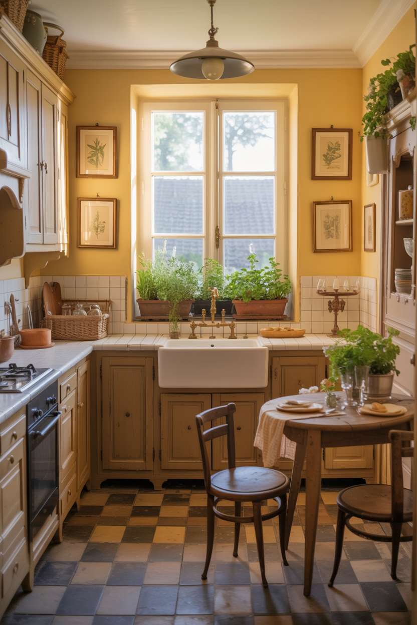 23 Cozy Cottage Kitchen Ideas for a Charming Rustic Look 14 French cottage kitchen with pale yellow walls, botanical prints, and herb garden window view